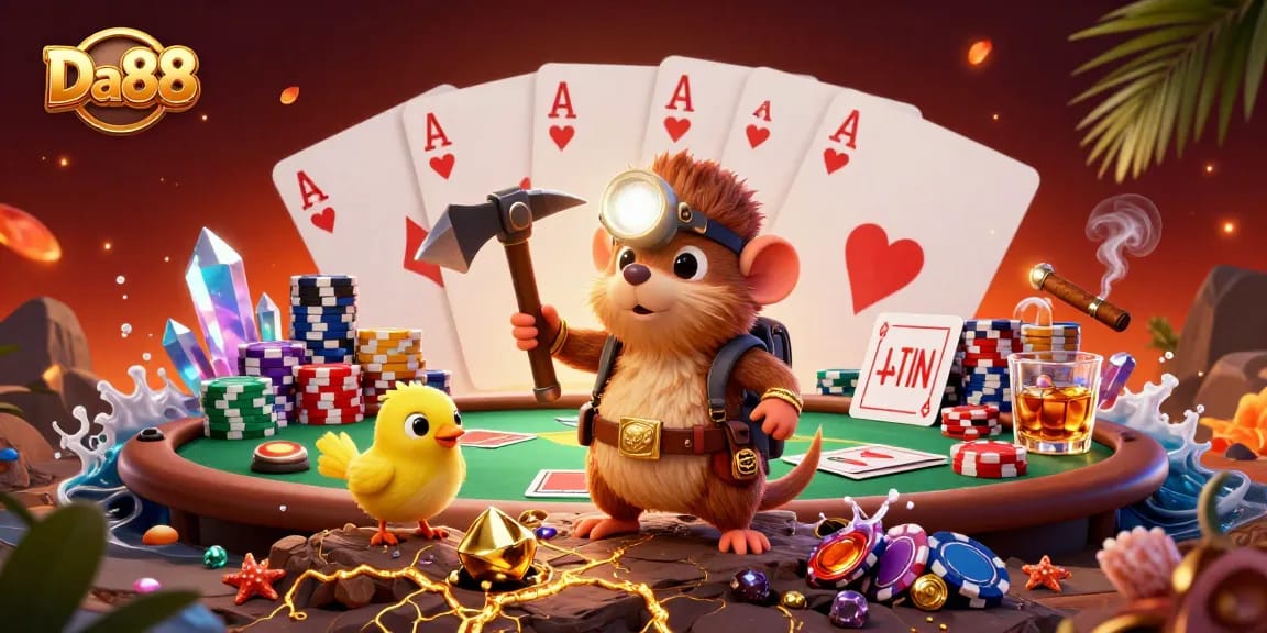 Experience Da88 with a treasure hunter mole mining gems among poker chips and casino elements.