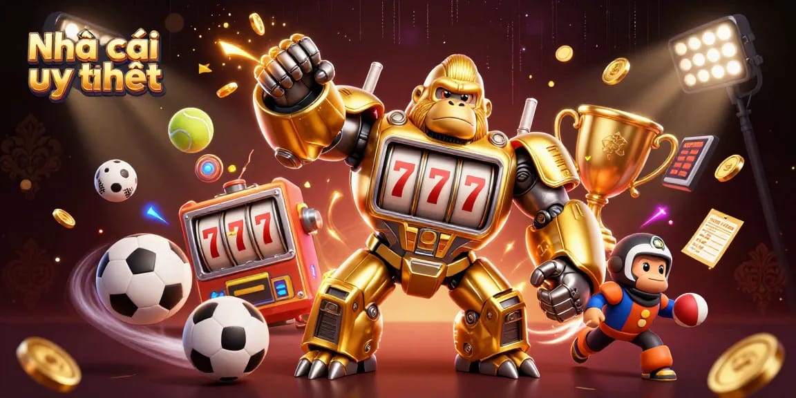 Experience Nhà cái uy tín with a dynamic golden gorilla mech surrounded by sports elements and excitement.