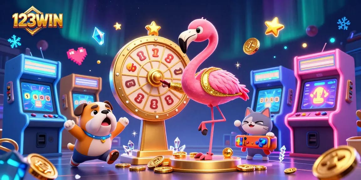 Engage in thrilling gaming excitement with 123WIN as a bulldog contestant celebrates at a vibrant casino.