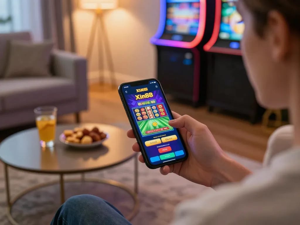 Engaging with the Xin88 casino app on a smartphone, showcasing dynamic gameplay in a cozy home setting