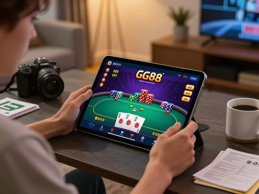 Player enjoying a game on the GG88 app at home, showcasing fun online gambling moments.