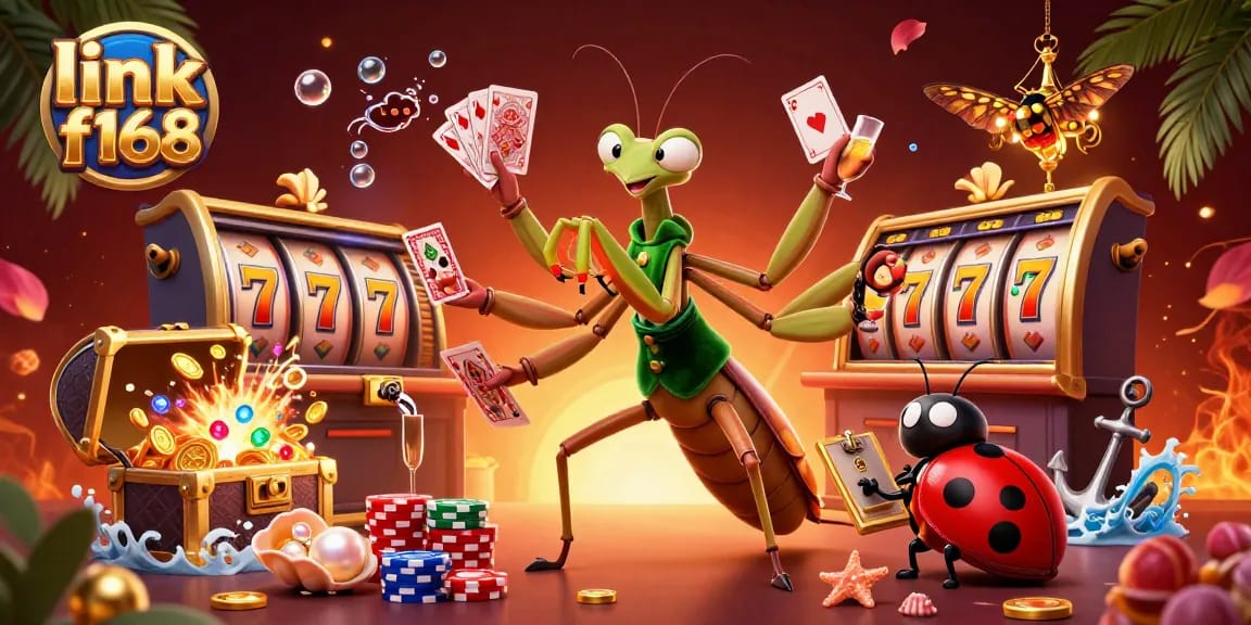 Experience excitement at link f168 with a vibrant 3D scene showcasing casino elements and characters.