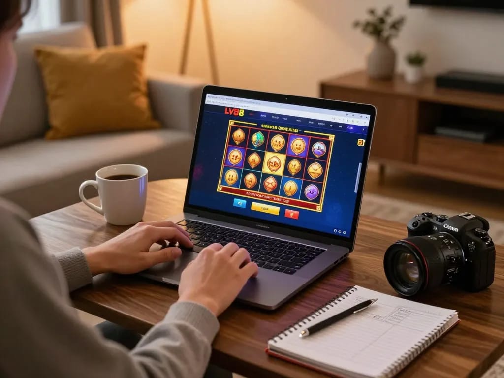 Engaging with thrilling LV88 online casino games in a cozy home setting.