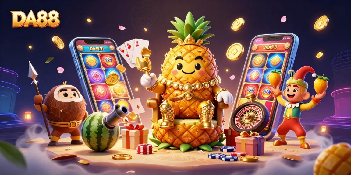 Engage with the vibrant DA88 casino world featuring a pineapple king, jester, and dynamic game elements.