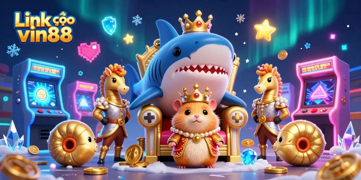 Engage with exciting gaming action in Link vào vin88, featuring a golden hamster king among vibrant 3D gaming elements.