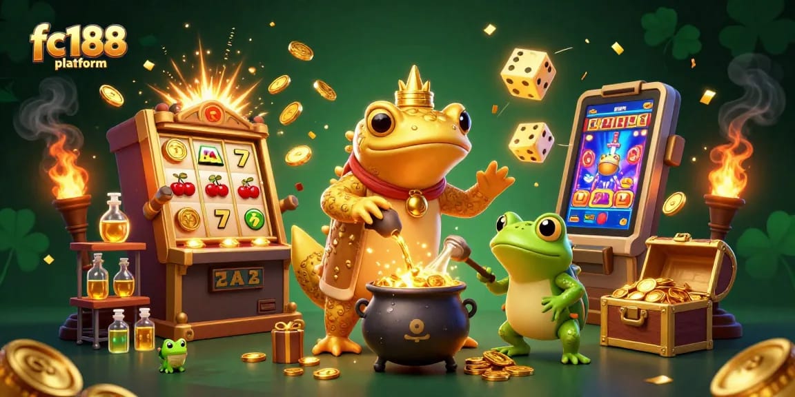 Experience the vibrant action of the fc188 platform with golden coins, live casino elements, and magical creatures.