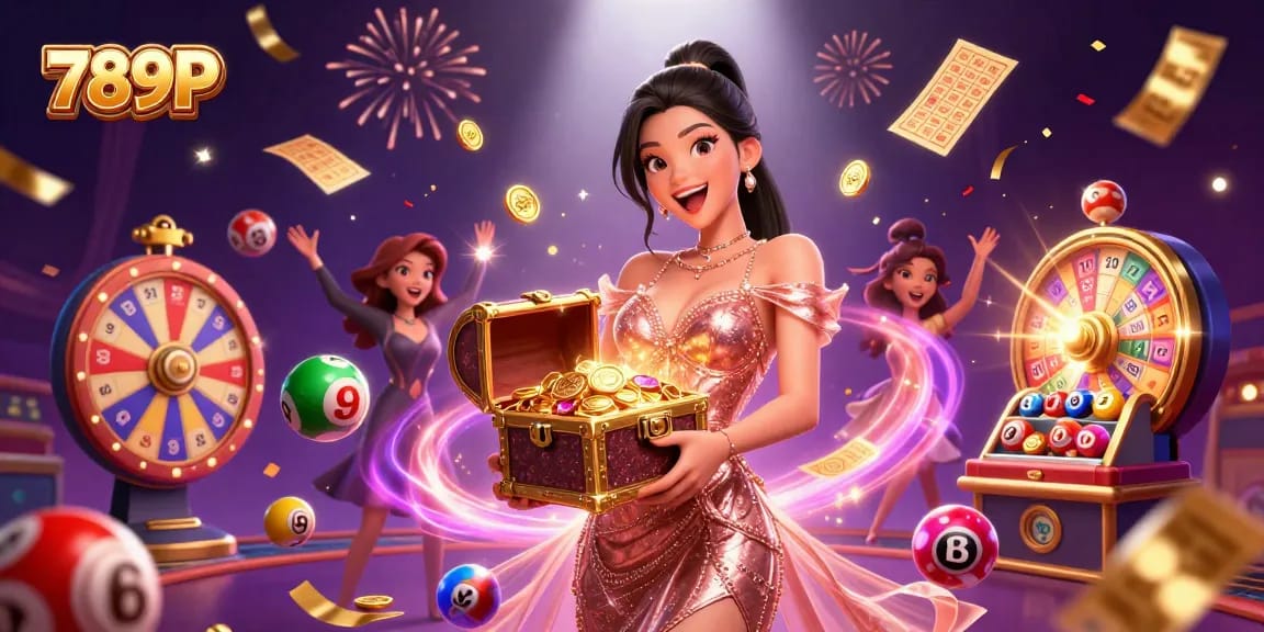 Engage in thrilling gameplay with 789P, showcasing vibrant casino elements and a treasure-filled celebration.