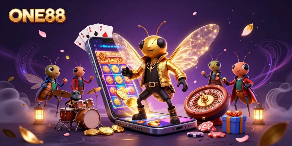 ONE88 engages players with electric excitement in a vivid casino scene filled with slots and fun.