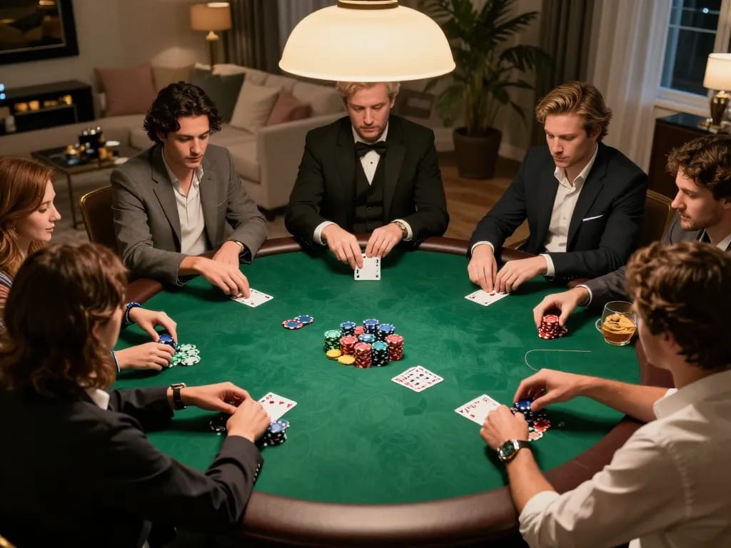 SC88 poker game in luxury home setting with players engaged, showcasing strategy and excitement