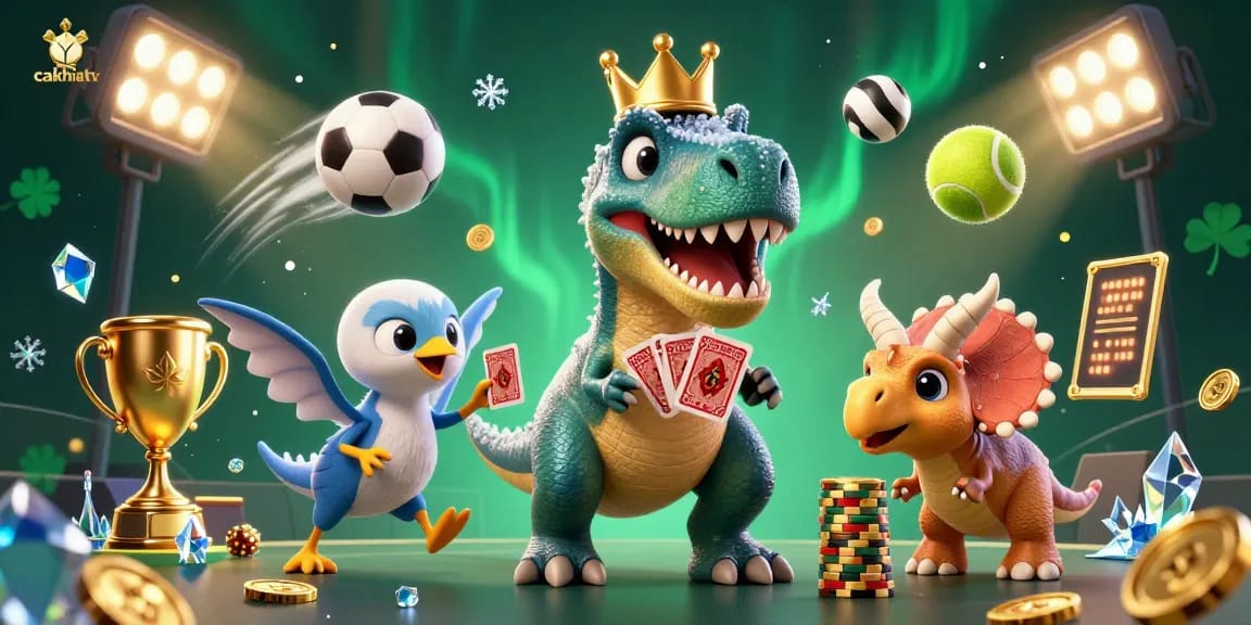 Watch the cakhiatv T-Rex shuffle cards while a pterodactyl assists, showcasing dynamic gambling elements.