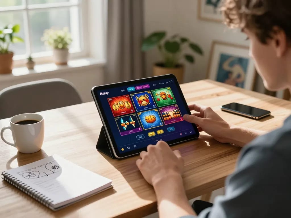 Player exploring the features of the 8day casino app on a tablet in a stylish home setting, symbolizing online gambling