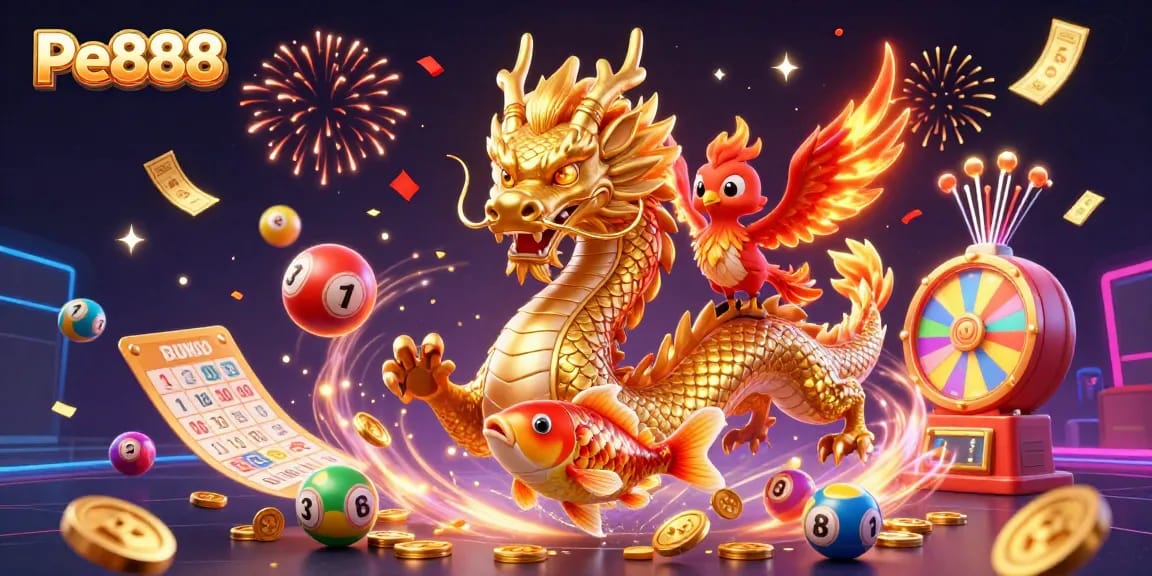 Experience the excitement of Pe888 with vibrant casino elements and mystical creatures celebrating in a dynamic casino landscape.