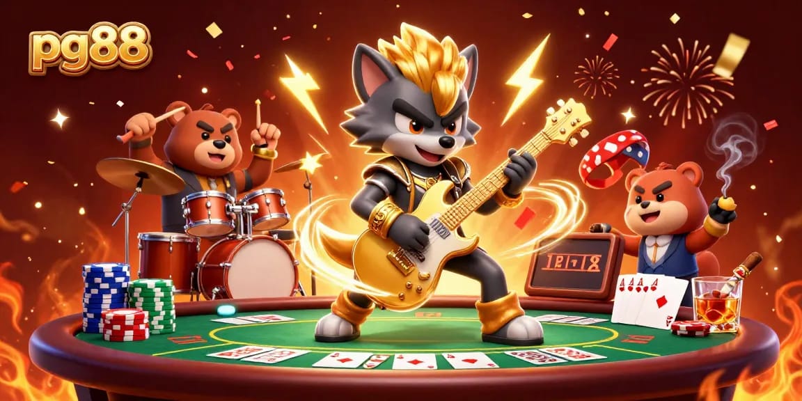 Experience the excitement of pg88 with a vibrant casino showdown featuring a rock star wolf and a wild drummer bear.
