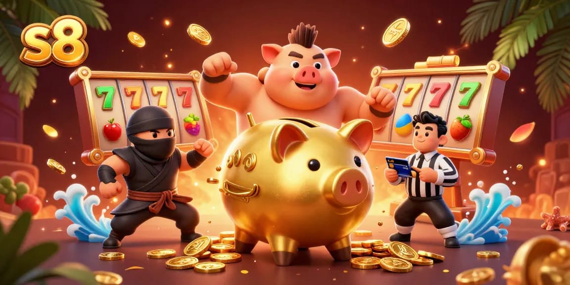 Experience dynamic wins with s8's slot games featuring golden piggy bank and vibrant casino elements.