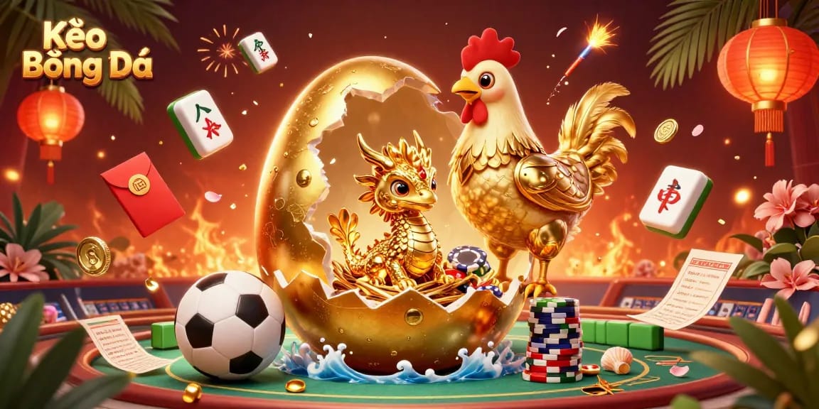 Engage with Kèo Bóng Đá through this vibrant 3D illustration depicting sports betting excitement with a golden dragon.