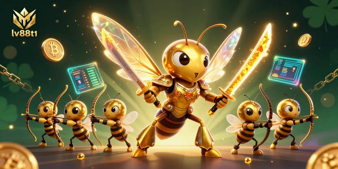 Experience the thrill of lv88t1 with a captivating 3D illustration of a golden hornet in a dynamic casino scene.