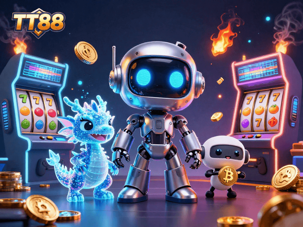 Engage with TT88's thrilling gaming experience featuring neon elements and vibrant casino motifs.