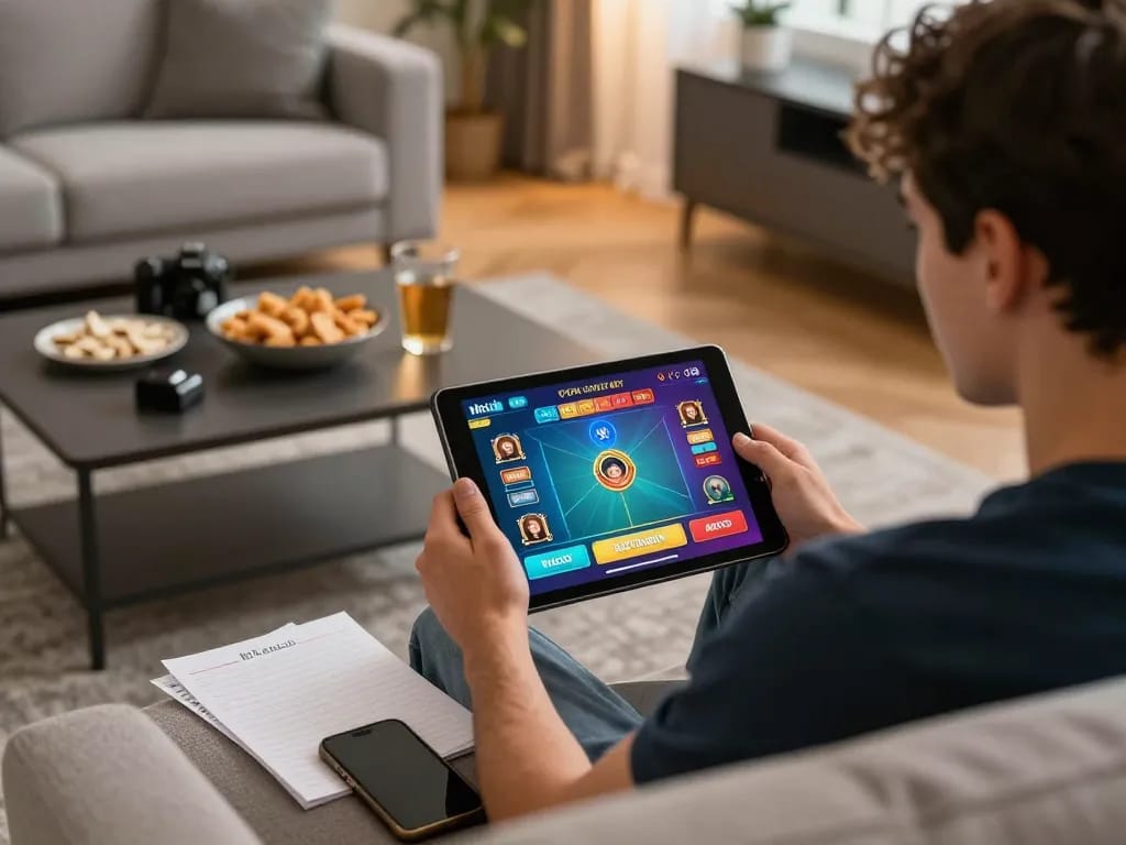 Hitclub players enjoying online casino gameplay on a tablet in a cozy living room setting.