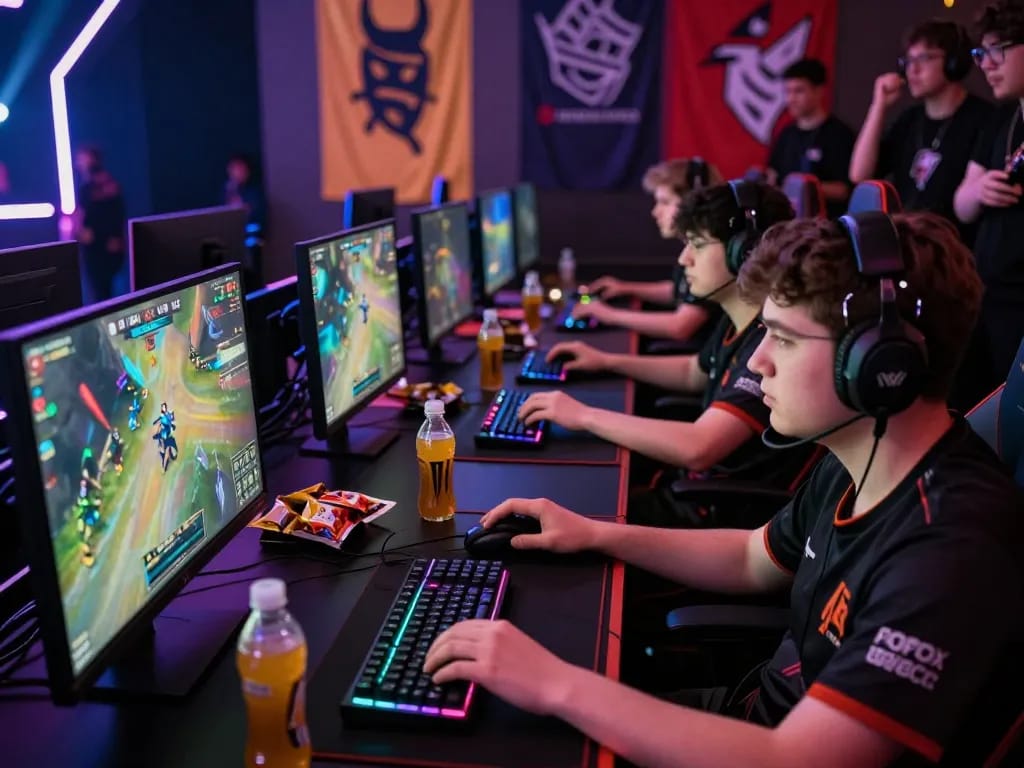 Professional gamers at https://thscrore.com/ in an intense gaming competition atmosphere.