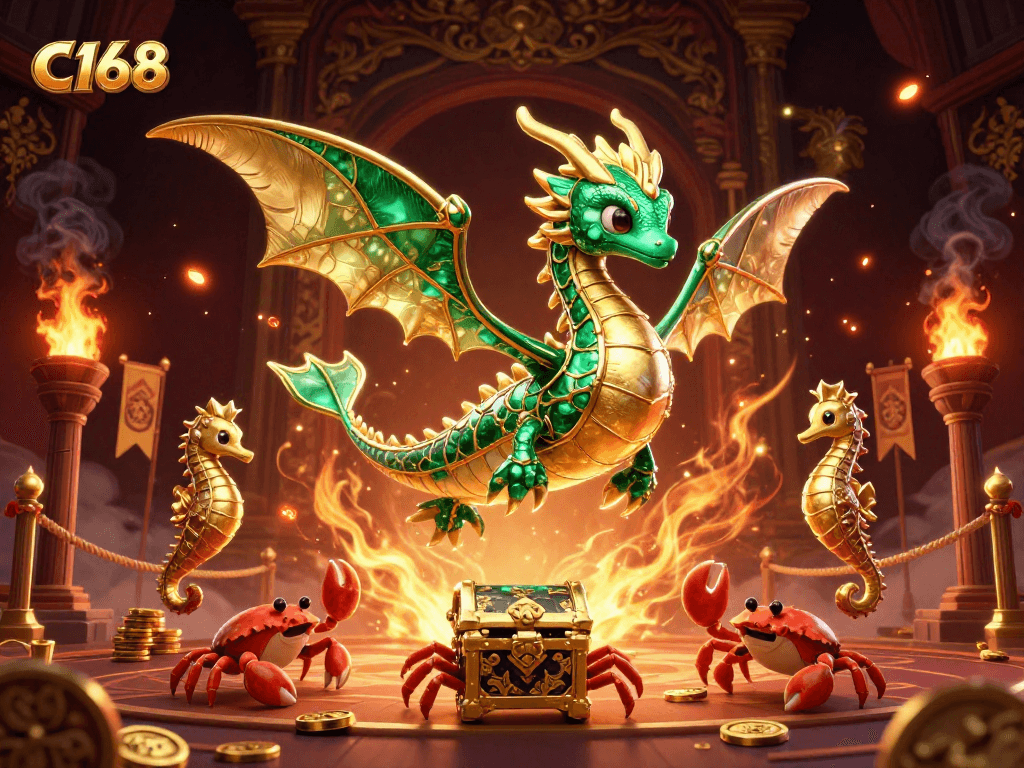 C168 enhances excitement with a dynamic illustration of a sea dragon guarding treasure in a vibrant, action-packed casino setting.