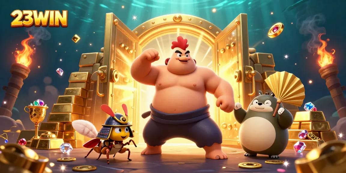 Engage in exciting gameplay at 23WIN, featuring vivid characters and dazzling treasure elements in a vibrant casino scene.