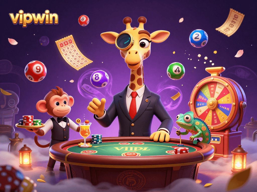Experience the excitement of winning at vipwin with vibrant casino elements and playful characters.