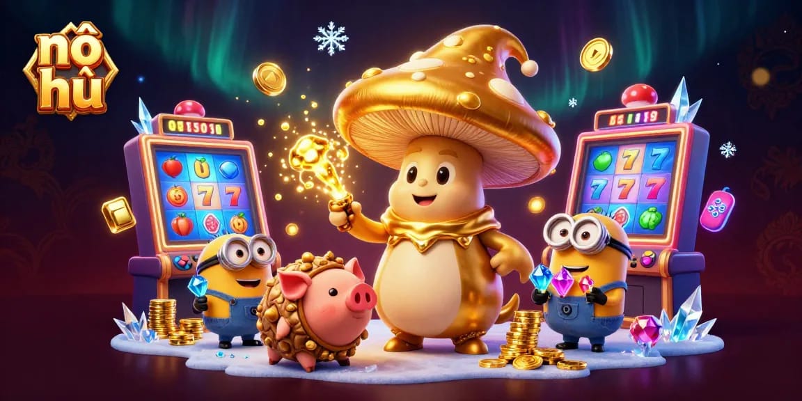 Play nổ hũ with vibrant characters amidst slot machines and glowing treasures, creating excitement and joy.