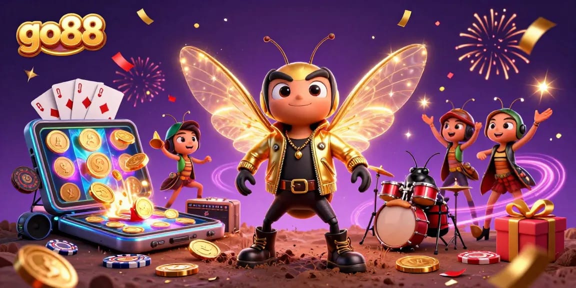 go88 showcases vibrant gaming atmosphere with a buzzing cicada rock star, dynamic slots, and festive elements.