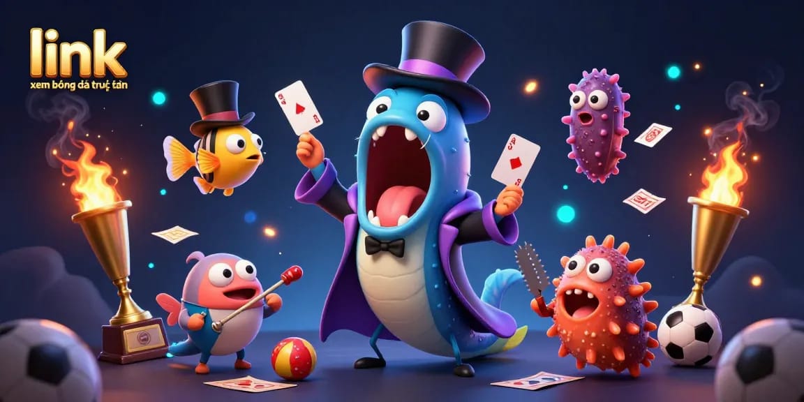 Engage with thrilling link xem bóng đá trực tiếp moments as a magical eel performs tricks among vibrant sports themes.