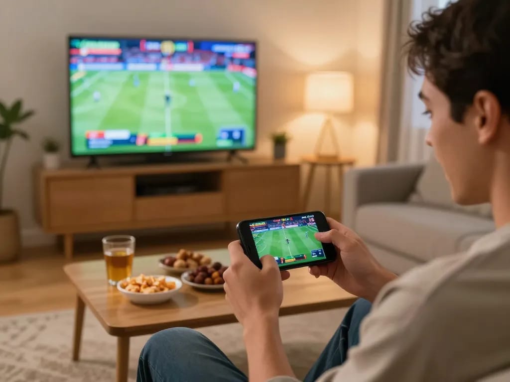 Excited user placing bets on p789bet platform while enjoying sports event at home, conveying active gambling experience