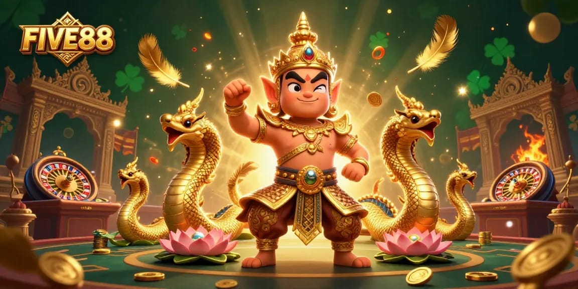 Experience the thrilling atmosphere of FIVE88's live casino games surrounded by vibrant characters and rich visuals.