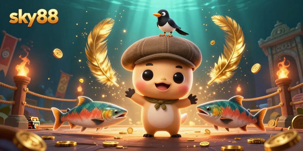 Experience thrilling gameplay at sky88 with playful characters in a dynamic casino scene.