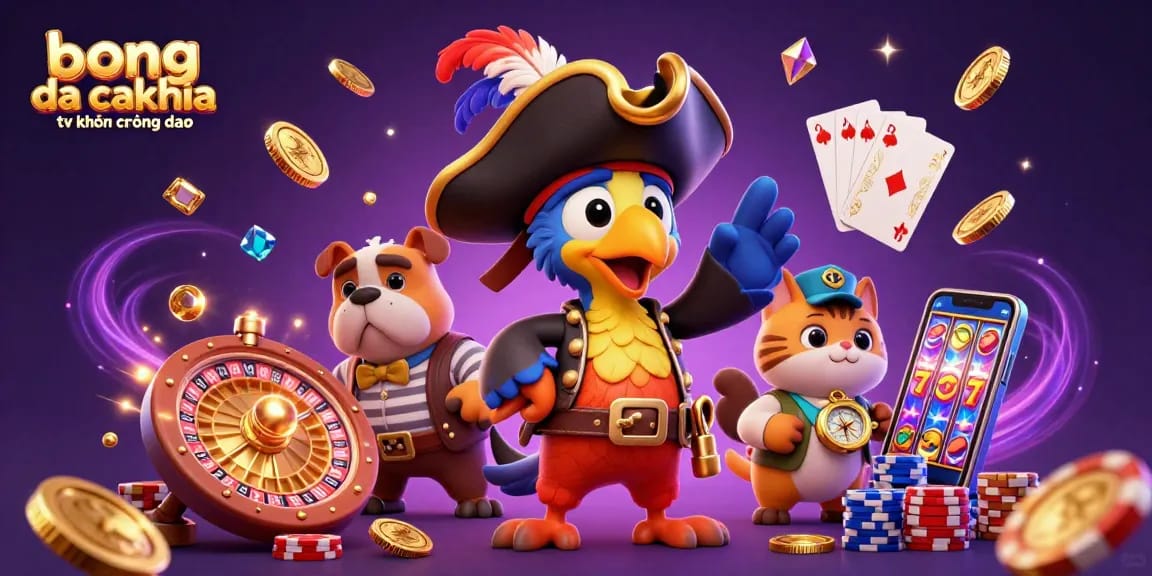 bong da cakhia tv không quảng cáo featuring a 3D cartoon pirate captain with golden coins and dynamic gaming elements.