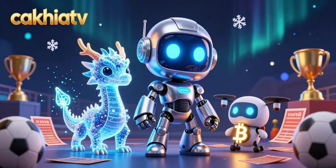 Experience sports betting excitement with cakhiatv's vibrant animated scene featuring a futuristic robot and digital dragon.