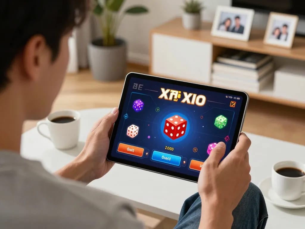 Tai Xiu gaming on tablet at home, showcasing an engaging online gambling moment with dice graphics.