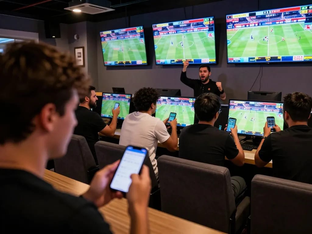 Excited bettors engaging with live sports on 789betss, placing wagers strategically in a sports bar environment