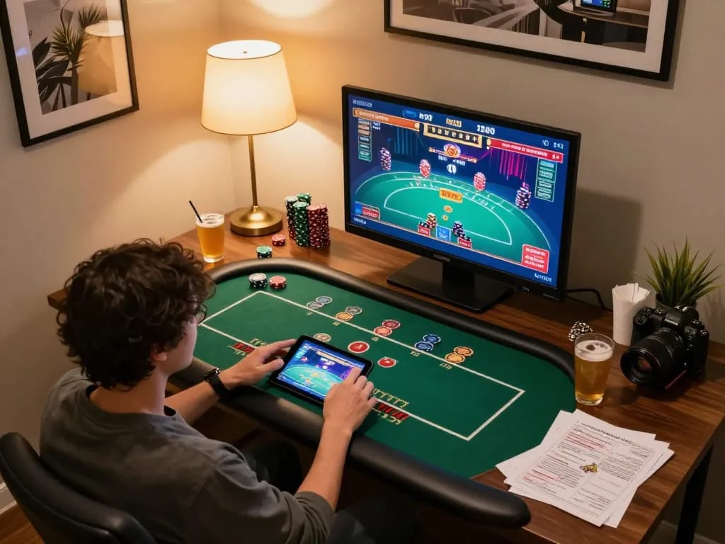 Engaging in online casino gaming at nhà cái lv88, showcasing a lively poker game setup.