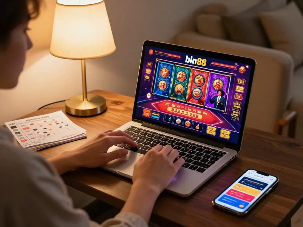 Engaging online gaming with bin88 casino on laptop, showcasing vibrant live dealer interface and warm home atmosphere.