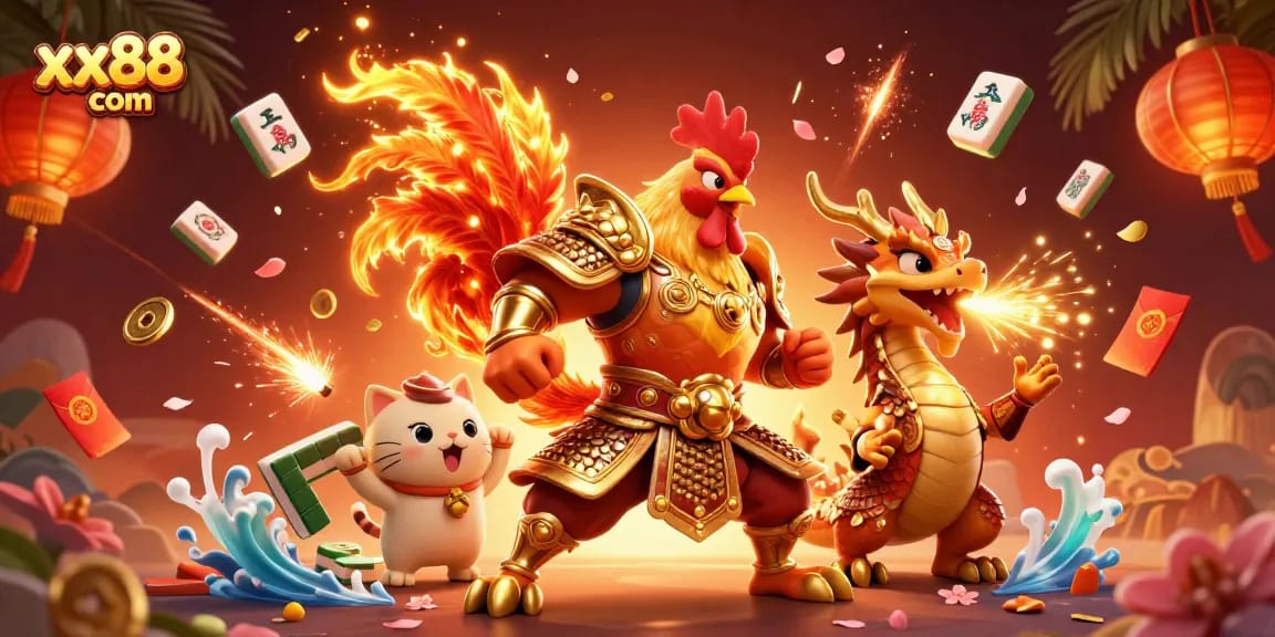 Engage with the vibrant world of xx88 com, featuring a dynamic 3D rooster warrior and dragon in a festive casino scene.