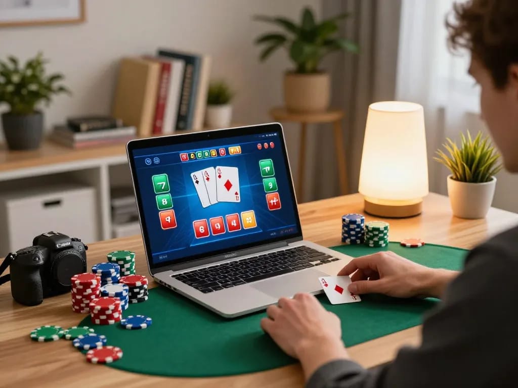 one88 poker strategy session at home with laptop, cards, and chips.