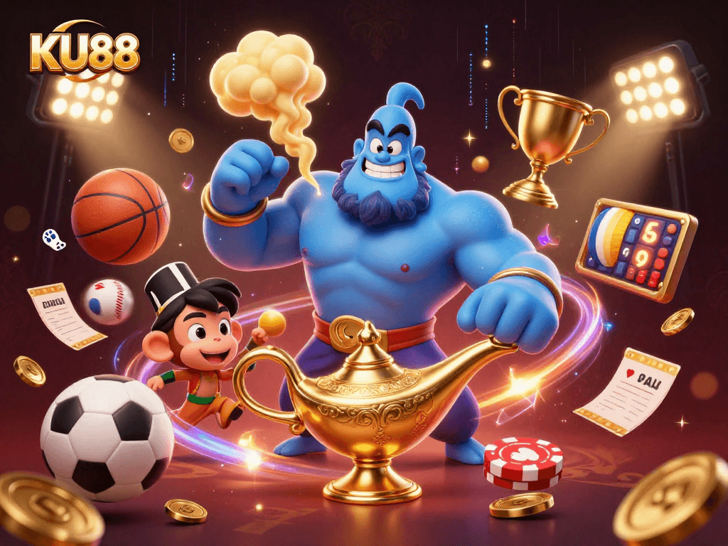 Engage with KU88 at this vibrant casino scene, featuring a genie, games, and dynamic action.