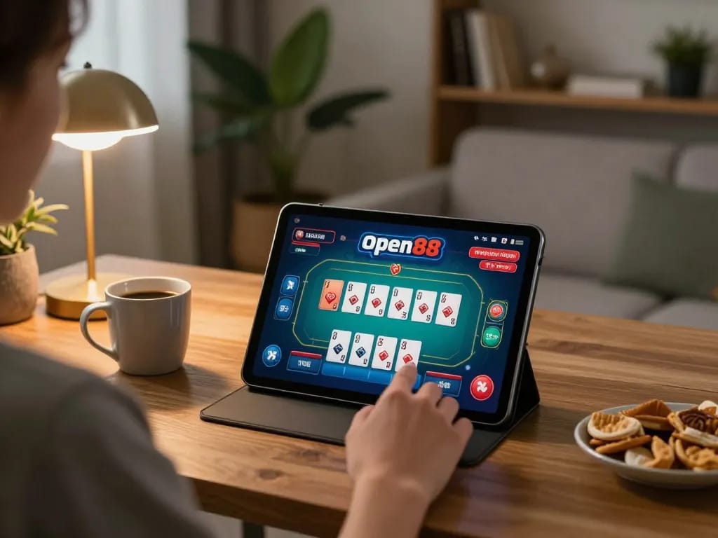 Open88 gaming session on tablet, player engaged with vibrant online poker interface and cozy atmosphere.
