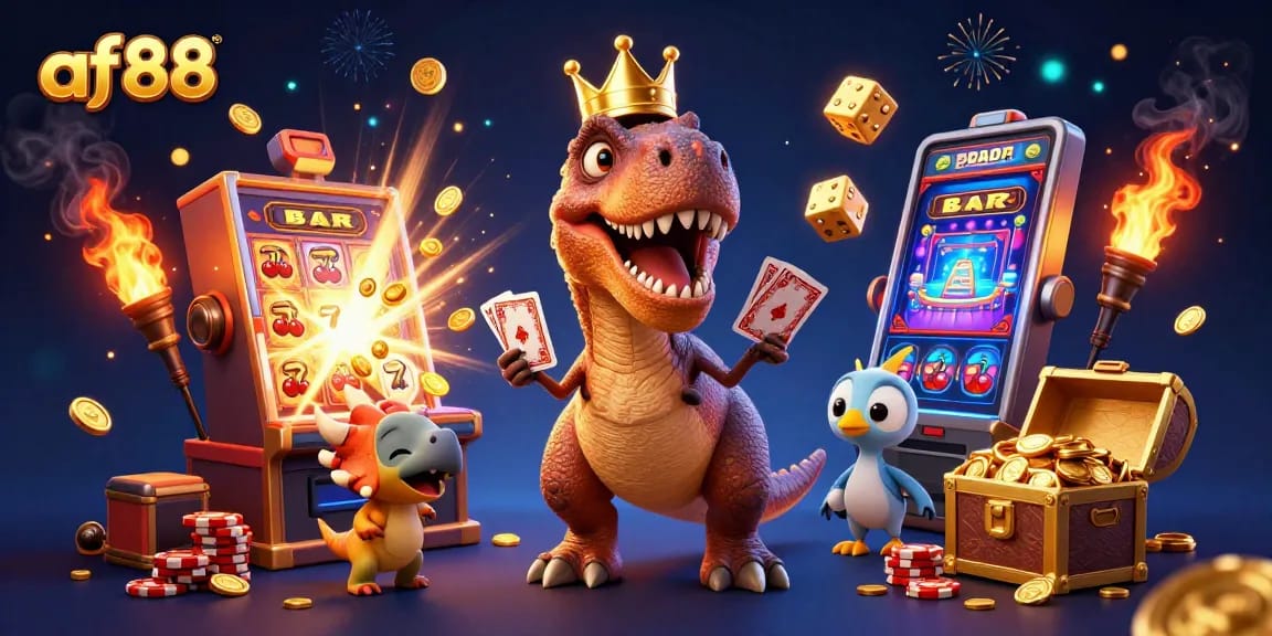 Experience the excitement of af88 with a lively gambling scene featuring fun dinosaur characters and engaging casino elements.