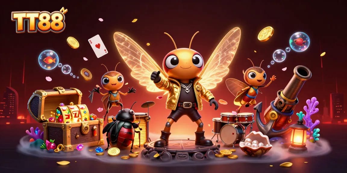 Engage with TT88's vibrant gaming world filled with slot reels, gold coins, and dynamic characters.