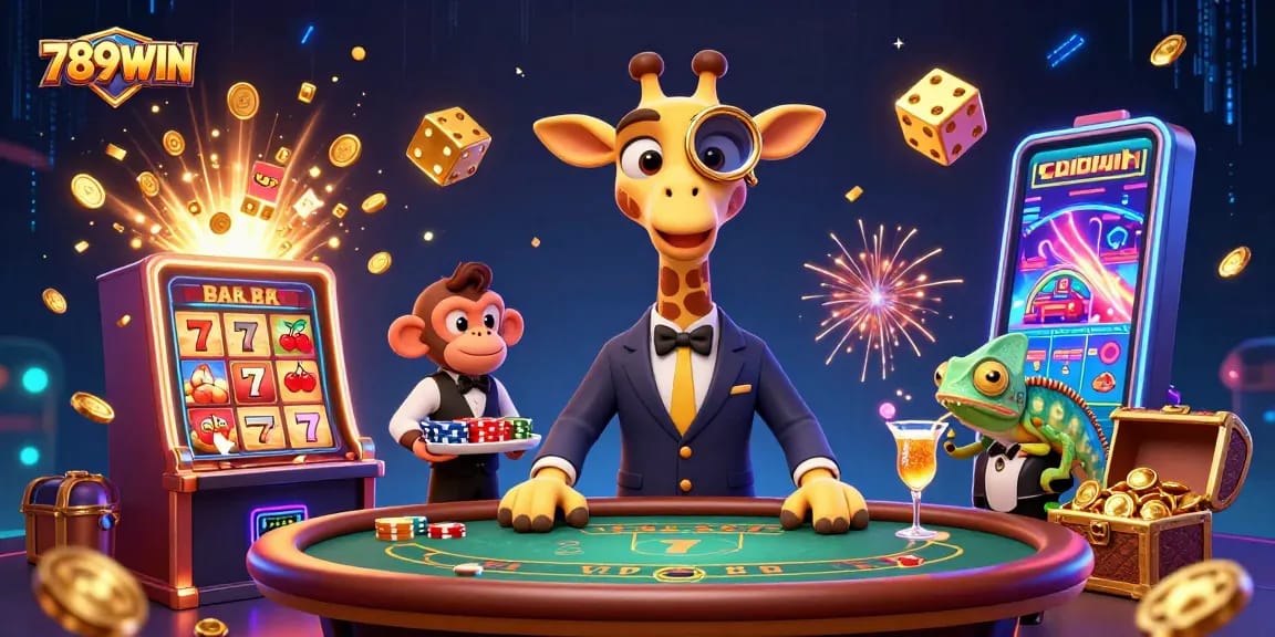 Experience thrilling gameplay at 789WIN with a vibrant 3D casino scene featuring exciting games and characters.