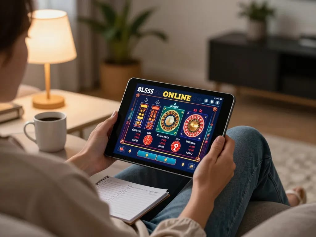 Engaging with BL555 online casino on tablet, showcasing responsible gaming