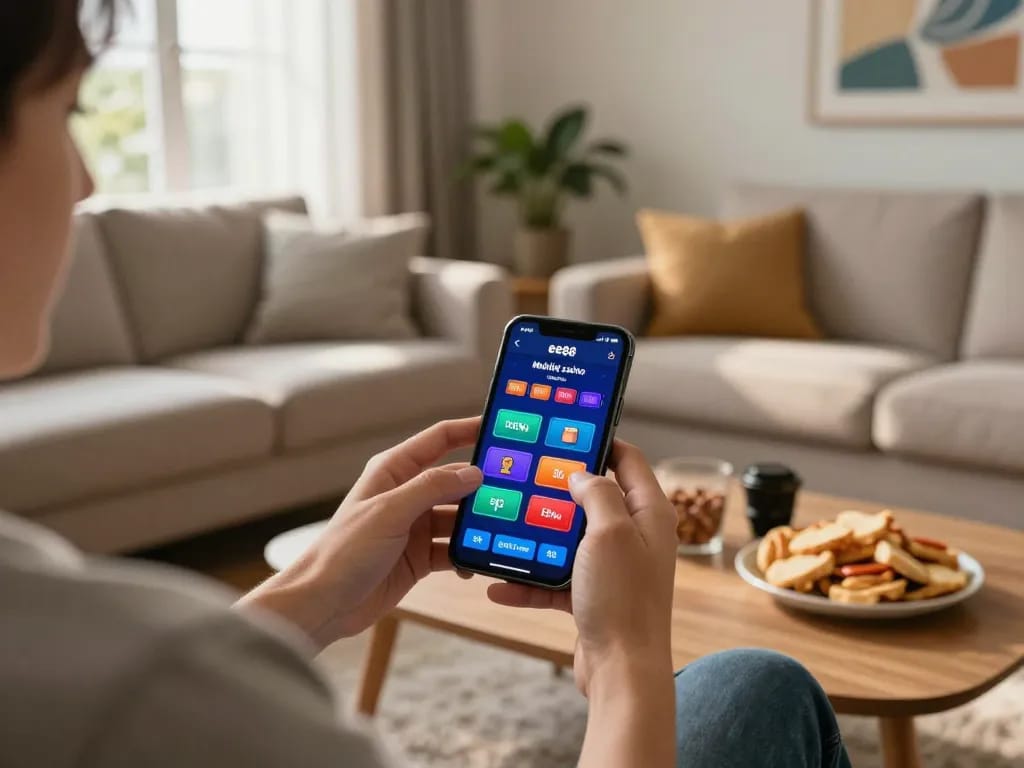 Engaging with ee88 mobile app on smartphone in cozy living room setup, showcasing responsible gambling.