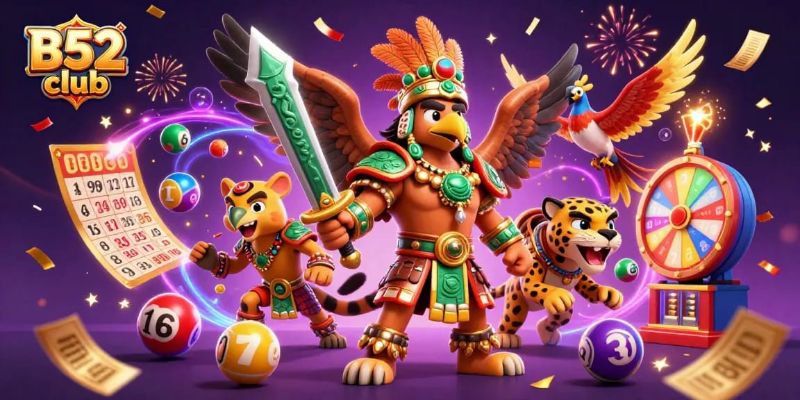 B52 club players engage in vibrant lottery games among colorful elements and dynamic characters.