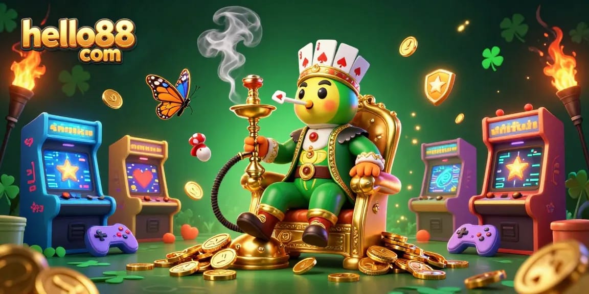 Engage with thrilling casino adventures at hello88 com featuring a vibrant 3D illustration of a hookah-master.