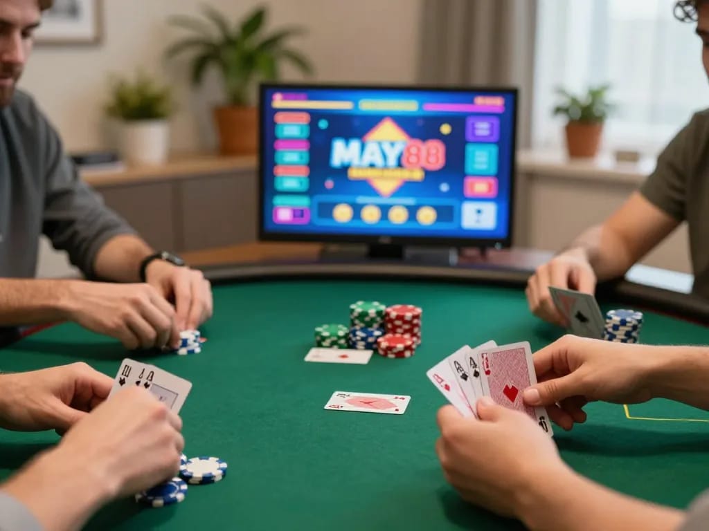 MAY88 online poker game in action, player engaged with cards and chips in a cozy home office.